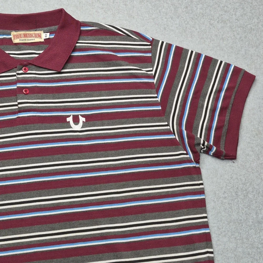 True Religion Shirt Men's 4XL Striped Polo Burgundy Short Sleeve Horseshoe Logo